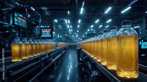 A long row of plastic bottles filled with golden liquid glide down a conveyor belt in a futuristic, brightly lit factory