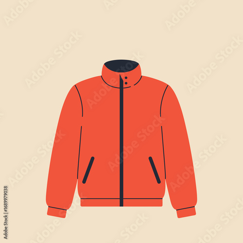 A simple graphic of a red jacket with a collar and pockets.