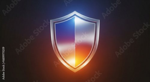 A metallic shield with a gradient of blue and orange, representing security, protection, and defense against cyber threats and digital risks