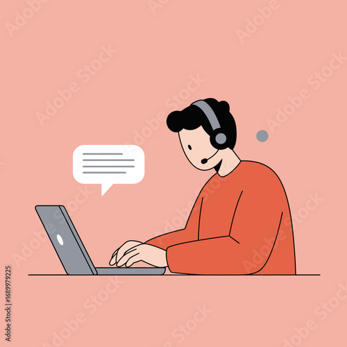 A person using a laptop with a headset, engaged in communication.