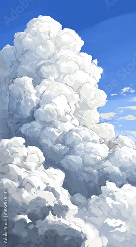 Cartoonish, puffy white clouds tower high against a bright blue sky with wispy, hazy formations at the edges; rendered in an illustrative, painted style