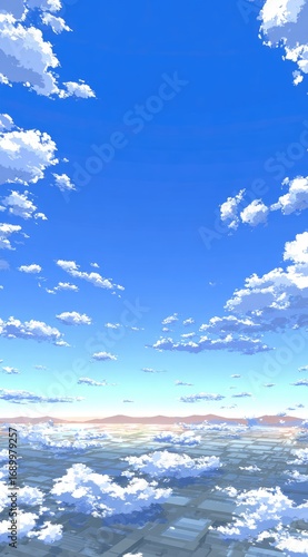 A vibrant, pixelated skyline rendering of a city beneath fluffy white clouds against a bright blue sky