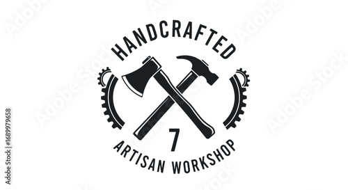 Rustic monochrome logo for a handcrafted workshop featuring a crossed axe and hammer framed by gears.