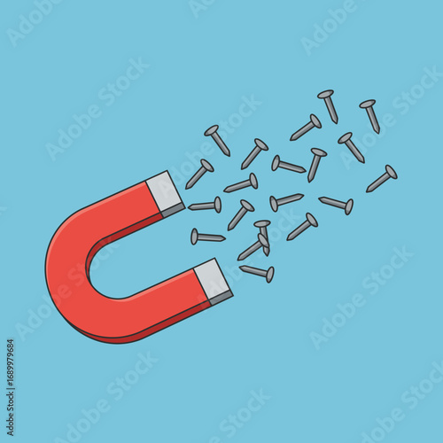 A red magnet attracting metal screws against a blue background.