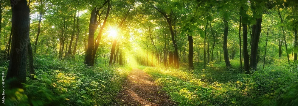 Fototapeta premium Sunlight piercing through dense green forest over a narrow dirt path creating a serene and peaceful atmosphere
