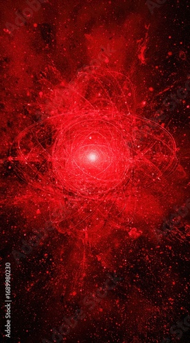 Abstract image features a bright red, swirling nebula-like structure against a darker red background, evoking a sense of cosmic energy