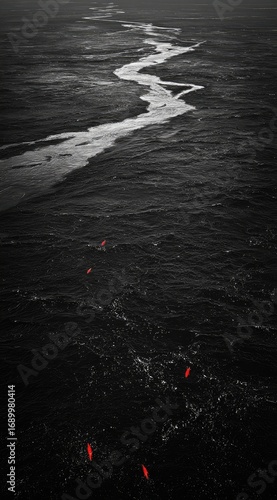 A grayscale aerial view shows a winding channel of light water threading through the dark, expansive sea. Patches of red highlight small spots