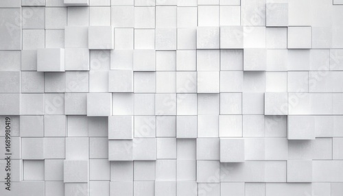 abstract white 3d geometric pattern with raised and recessed square tiles creating depth and texture in a modern minimalist style