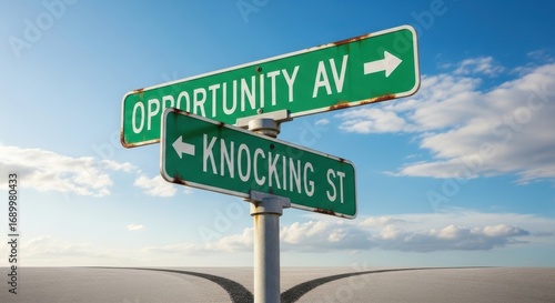 Street sign pointing to opportunity avenue and knocking street with clouds and road ahead