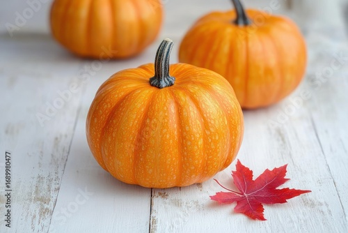 Three small bright orange pumpkins and a red maple leaf on a white wooden surface evoking autumn and harvest season