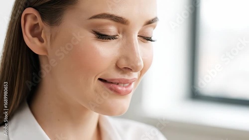 Serene young woman with closed eyes, expressing calm and contentment, indoor shot