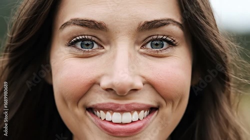 Smiling woman face with perfect teeth, beautiful blue eyes, natural makeup, expressing pure