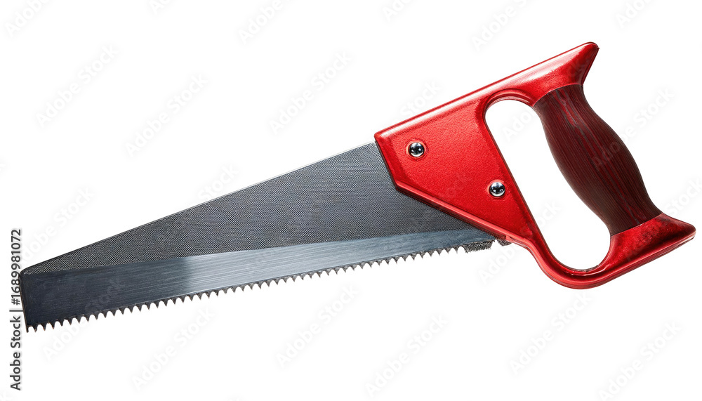 A sharp, steel blade on a modern circular saw with a handle is isolated on a clean, white background for a carpentry and wood cutting tool. A sharp, steel blade on a modern circular saw with a handle is isolated on a clean, white background for a carpentry and wood cutting tool.
