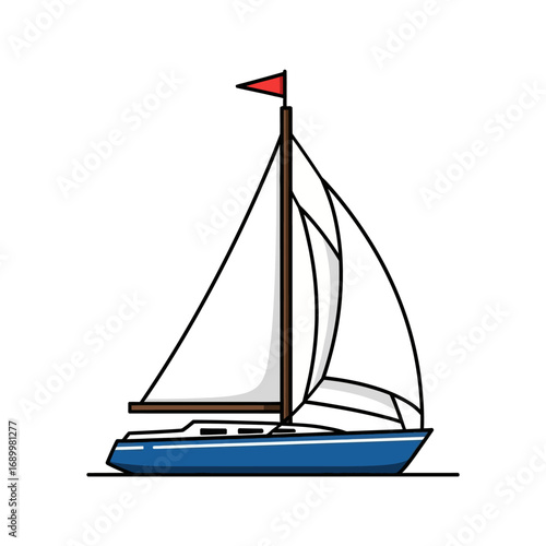 Blue Sailboat with White Sails and Red Flag Illustration