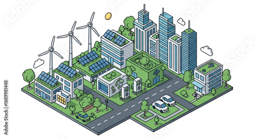 Isometric illustration of a sustainable city with renewable energy sources, green buildings, and electric vehicles for ecofriendly urban living