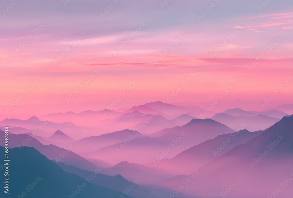 Fototapeta premium Layers of blue hills are covered with pink mist and clouds creating a serene, peaceful atmosphere during dusk or dawn