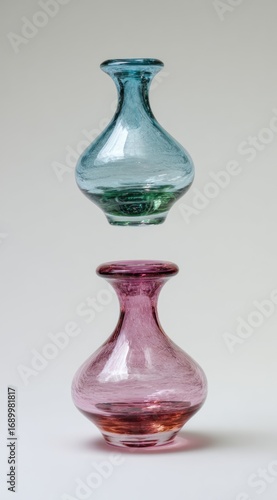 Two small, glossy glass vases in mid-air. One is turquoise and the other pink. A simple white background