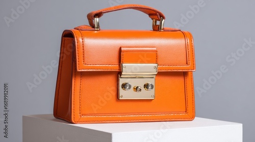An eye-level studio shot of an orange, structured handbag with gold hardware, presented on a white geometric pedestal against a soft gray background