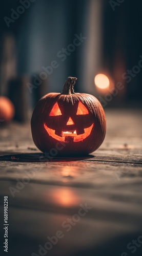 Carved pumpkin on a wooden floor, illuminated from within, with a blurred background suggesting a dimly lit, autumnal setting
