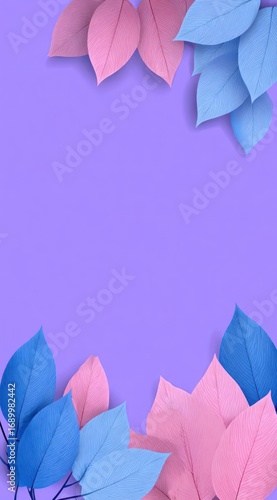 Pastel leaves in blue and pink frame a purple background, creating a calming and inviting aesthetic. The simple design is suitable for various uses
