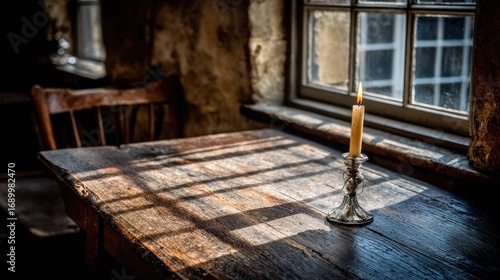 Rustic table by a window with candle in vintage interior. Sunlit wood grain and old stone wall create a warm, inviting atmosphere