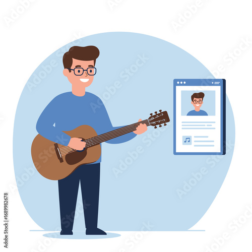 A young man playing guitar with a digital profile displayed beside him.