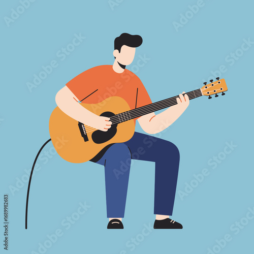 A person playing an acoustic guitar while seated, showcasing a relaxed musical moment.