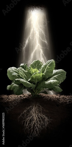 A verdant plant flourishes in soil, its roots extending deep, while lightning illuminates from above against a black backdrop