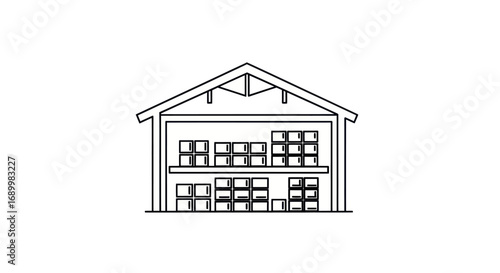 Warehouse Interior with Boxes, Line Art Illustration.