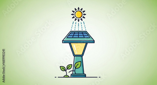 Illustration of a solarpowered lamp post with a sun shining above, representing sustainable energy and ecofriendly lighting solutions for a greener future