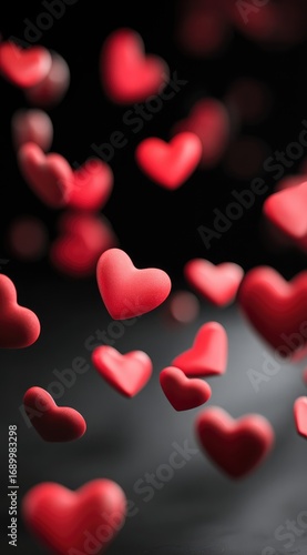 A cascade of matte red hearts float against a blurred, shadowy gradient background, evoking feelings of affection, romance, and dreamy celebration