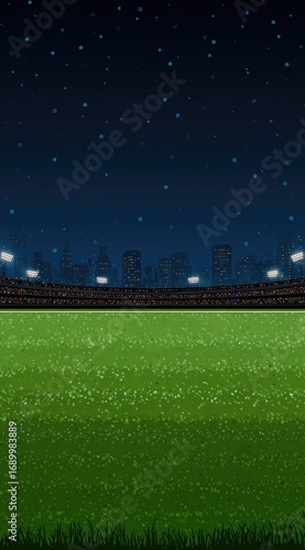 Pixelated night scene showing a brightly lit stadium, with a green field and backdrop of city buildings under a starlit sky