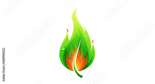 Stylized green leaf with flame accents, representing nature, growth, and energy, creating a vibrant and ecofriendly design