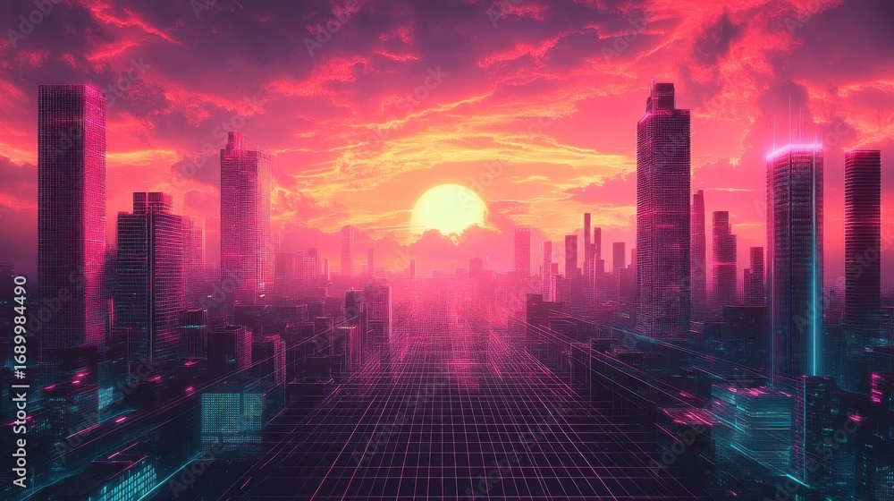 Fototapeta premium Futuristic cityscape at sunset with neon-lit skyscrapers and a glowing sun beneath vibrant pink and orange clouds