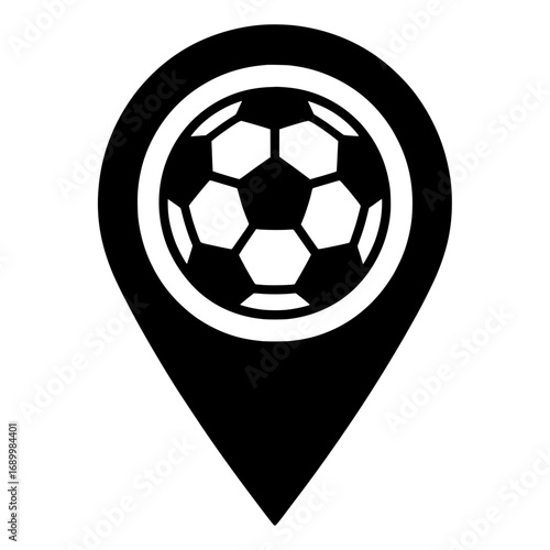 a minimalist icon that combines a location pin symbol with a soccer ball. 