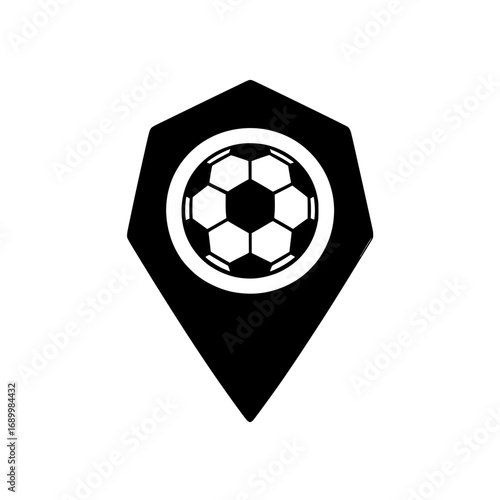 a minimalist icon that combines a location pin symbol with a soccer ball. 
