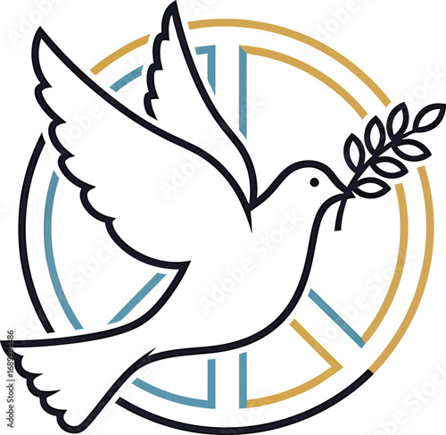 Dove with olive branch in beak flying in front of a peace symbol symbol of peace and hope