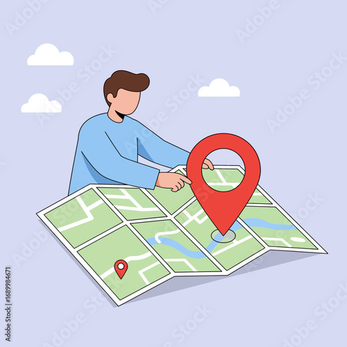 A person examining a map with a location pin, indicating navigation or travel.