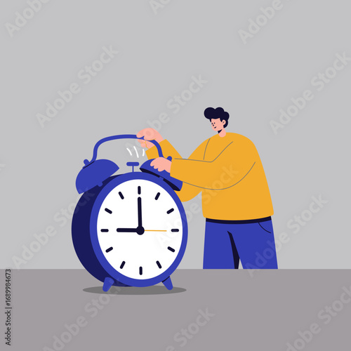 A person adjusts an alarm clock, symbolizing time management or routine.