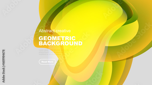 Abstract geometric background features vibrant yellow, green hues. Overlapping shapes create dynamic visual effect. Text present, button visible.