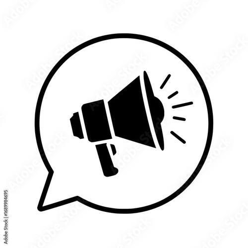 Minimalist vector illustration featuring a megaphone inside a speech bubble. 