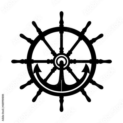 Strong and symbolic vector illustration of a ship's steering wheel with an anchor below.