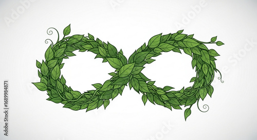 Infinity symbol made of green leaves, representing eternal life, natures cycle, and sustainable growth