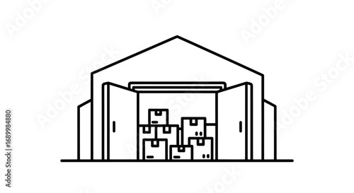 Simple Line Art Warehouse Building with Open Doors and Boxes.