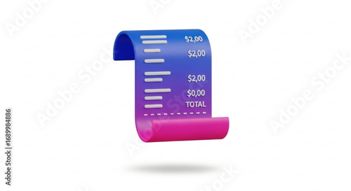 3d render of a receipt with prices the receipt is blue and pink, and the prices are in dollars the total is also shown