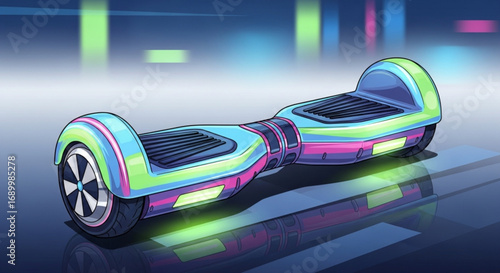 Hoverboard illustration with vibrant neon colors, showcasing a futuristic and modern design for transportation and technology concepts