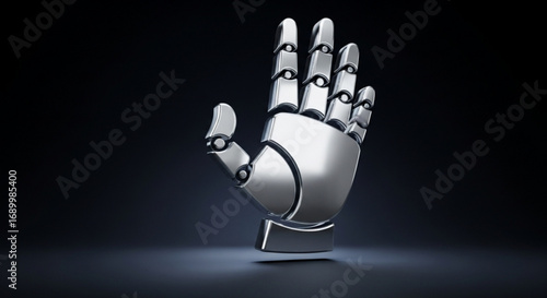 A metallic robot hand with an open palm, symbolizing technology, artificial intelligence, and the future of robotics and automation