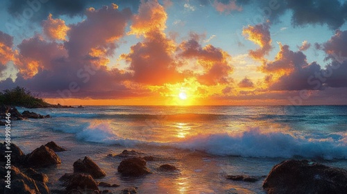 Vibrant sunrise over ocean with scattered clouds, waves crashing on rocky shoreline, reflecting colorful light creating a peaceful and awe-inspiring atmosphere