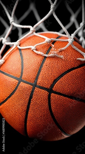 Orange textured basketball ball dropping through a white net, starkly contrasted against a dark background. Sport and focus depicted