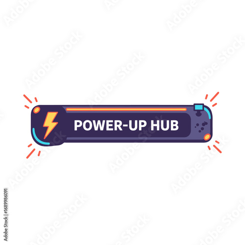 A vibrant graphic of a "Power-Up Hub" featuring a lightning bolt symbol.